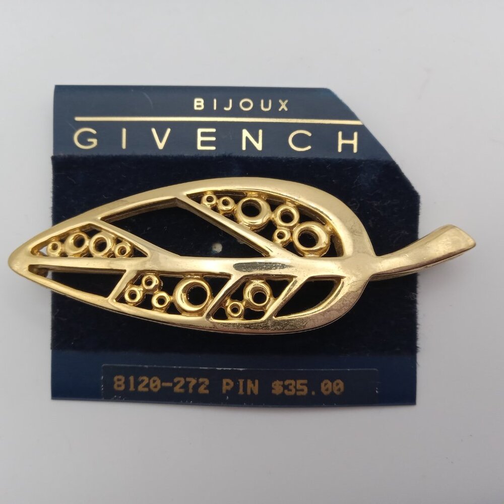 Givenchy Bijoux Vintage Modernist Pin Brooch Leaf Brushed Gold Chunky Signed 80s